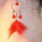 Boucles d’oreilles longues plumes et cristaux, offertes en 6 couleurs (rouge, orangé, rose & noir, violet, turquoise, vert chartreuse), crochets à levier métal