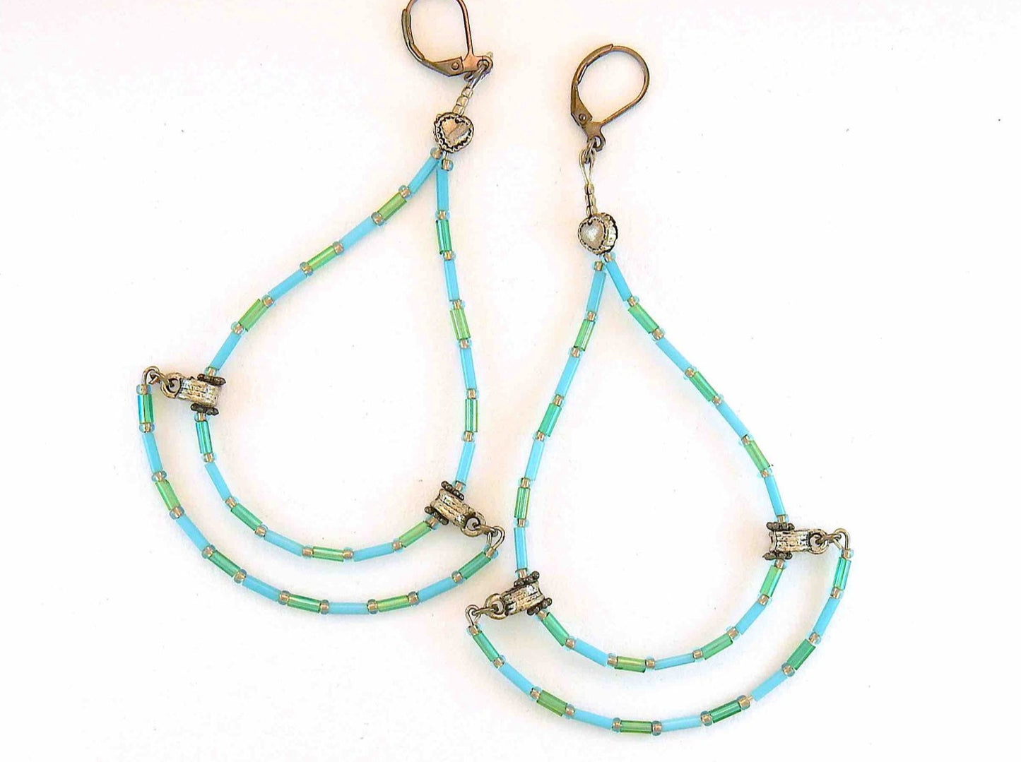 Long statement earrings with original hoop design in turquoise and green, brass lever back hooks