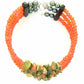 Bracelet 3 rangs avec pépites de jaspe vert et corail, verre orange mat, fermoir magnétique métal