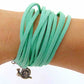 Wrap bracelet in mint green faux suede, happy snail pewter charm, magnetic stainless steel clasp