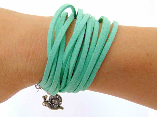 Wrap bracelet in mint green faux suede, happy snail pewter charm, magnetic stainless steel clasp