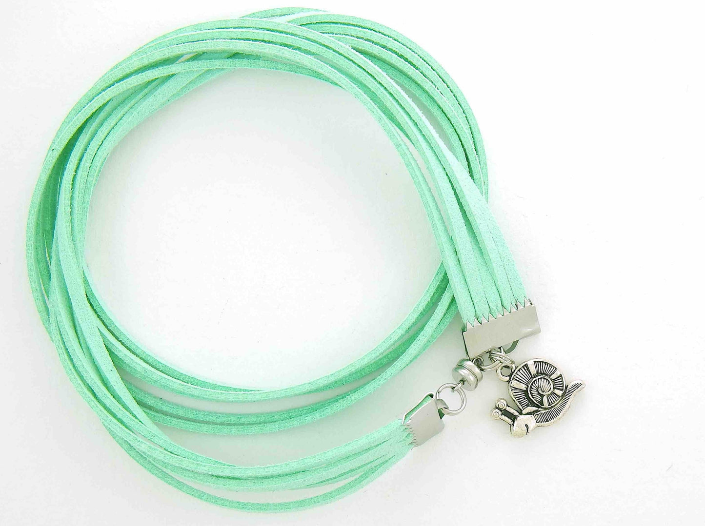 Wrap bracelet in mint green faux suede, happy snail pewter charm, magnetic stainless steel clasp