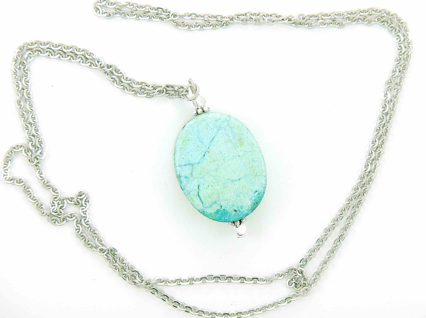 30-inch necklace with large blue-green marbled chrysocolla stone slice, stainless steel chain