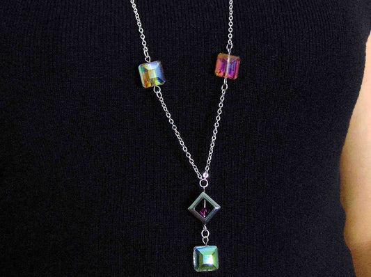 34-inch necklace with pink squares of Czech crystal, hematite square ring and fuchsia Swarovski crystal, stainless steel chain