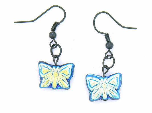 Short earrings with black and iridescent blue Czech glass butterflies, black metal hooks