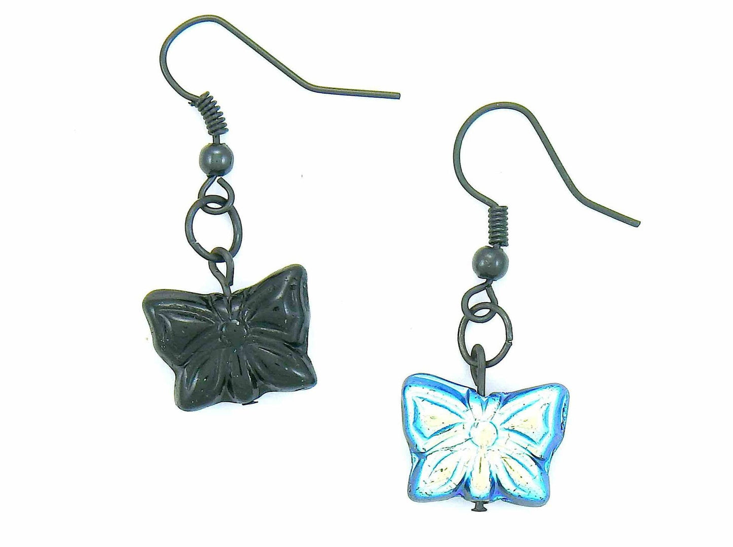 Short earrings with black and iridescent blue Czech glass butterflies, black metal hooks
