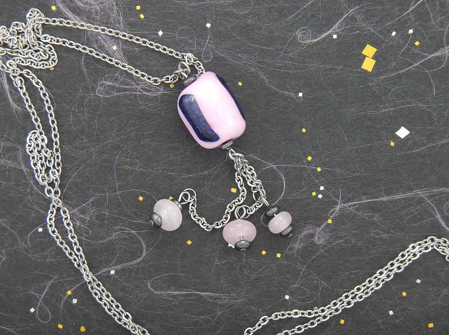 27-inch necklace with funky cylinder, candy pink and shiny blue aventurine (Murano-style glass handmade in Montreal), matching pendants, stainless steel chain