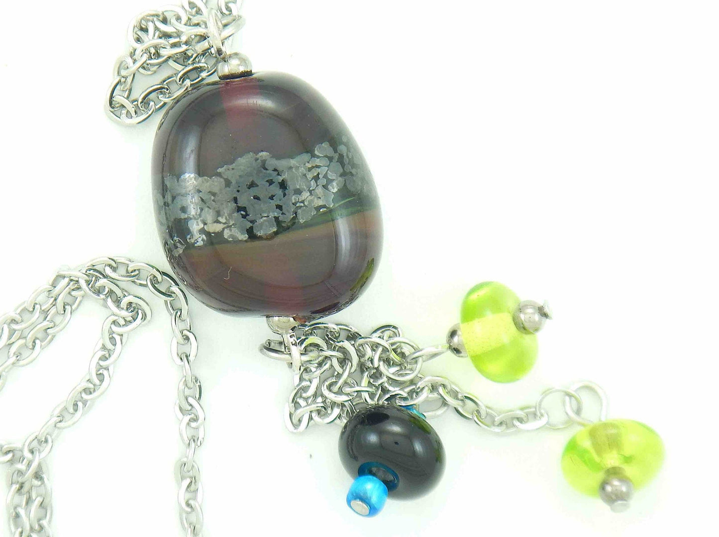 27-inch necklace with funky glass bead and matching pendants in dark red-lime green-black (Murano-style glass handmade in Montreal), stainless steel chain