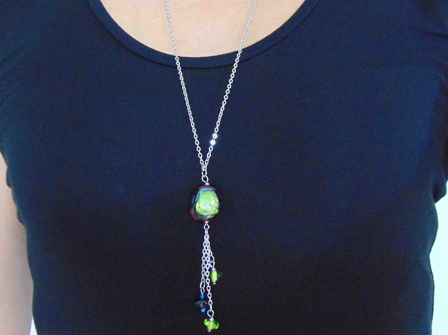 27-inch necklace with funky glass bead and matching pendants in dark red-lime green-black (Murano-style glass handmade in Montreal), stainless steel chain