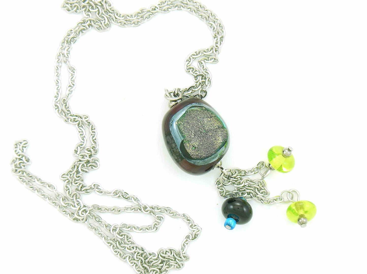 27-inch necklace with funky glass bead and matching pendants in dark red-lime green-black (Murano-style glass handmade in Montreal), stainless steel chain