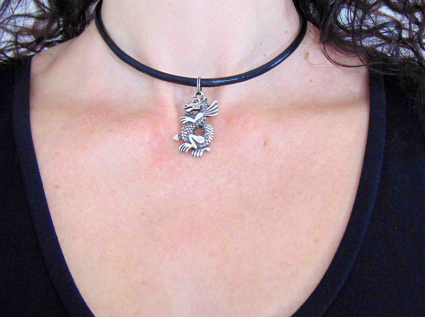 Choker necklace with pewter dragon pendant on black leather, stainless steel clasp