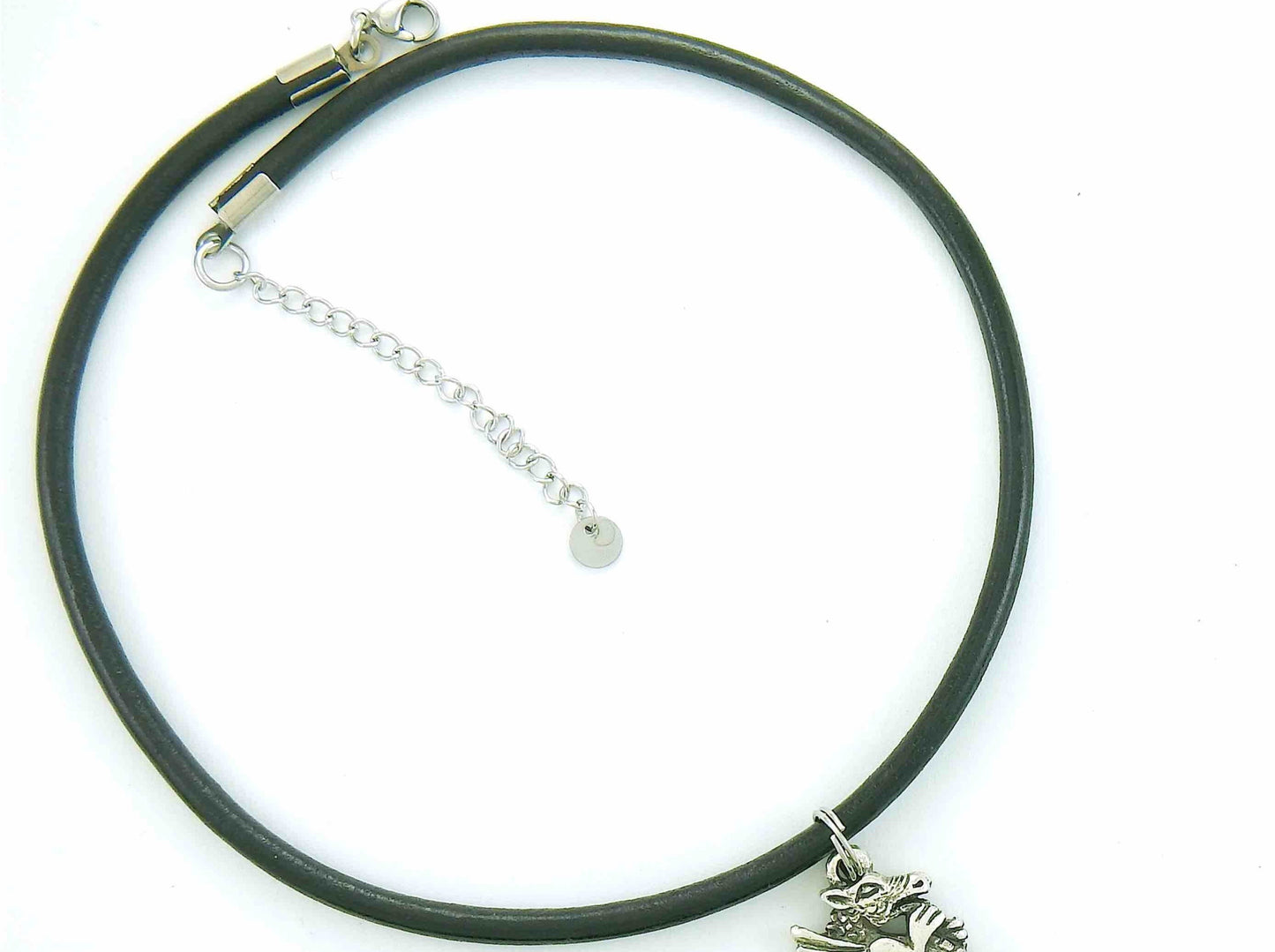 Choker necklace with pewter dragon pendant on black leather, stainless steel clasp