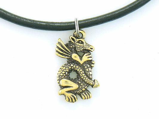 Choker necklace with gold-toned pewter dragon pendant on black leather, stainless steel clasp