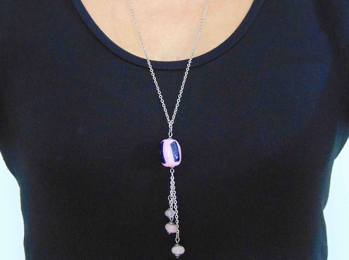 27-inch necklace with funky cylinder, candy pink and shiny blue aventurine (Murano-style glass handmade in Montreal), matching pendants, stainless steel chain