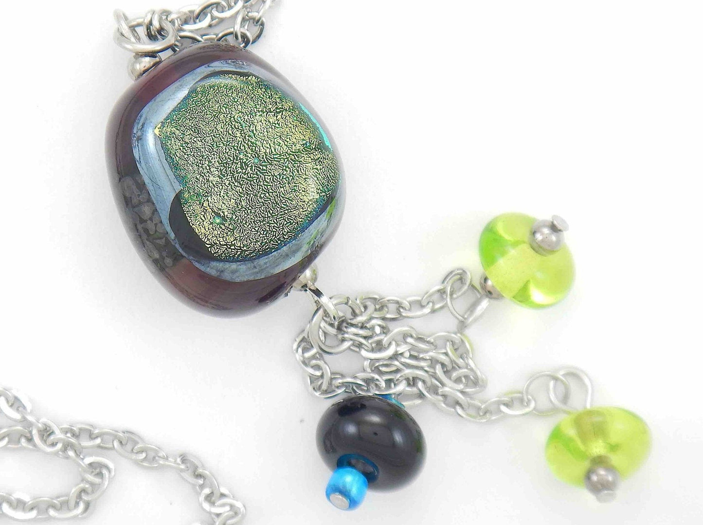 27-inch necklace with funky glass bead and matching pendants in dark red-lime green-black (Murano-style glass handmade in Montreal), stainless steel chain