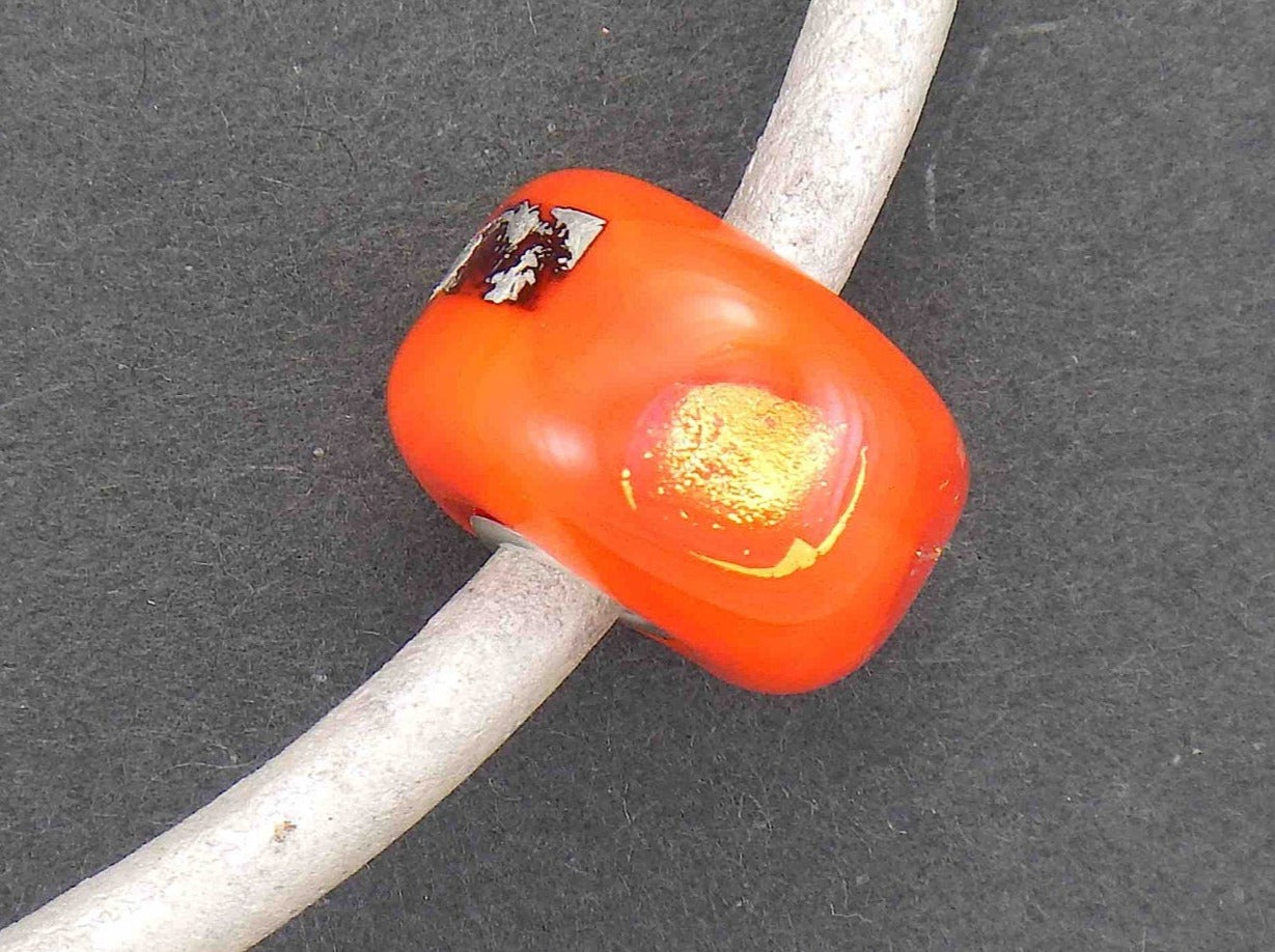 Choker necklace with bright orange cylinder glass bead (Murano-style glass handmade in Montreal), dichroic glass inclusions, pearl white leather cord, stainless steel clasp