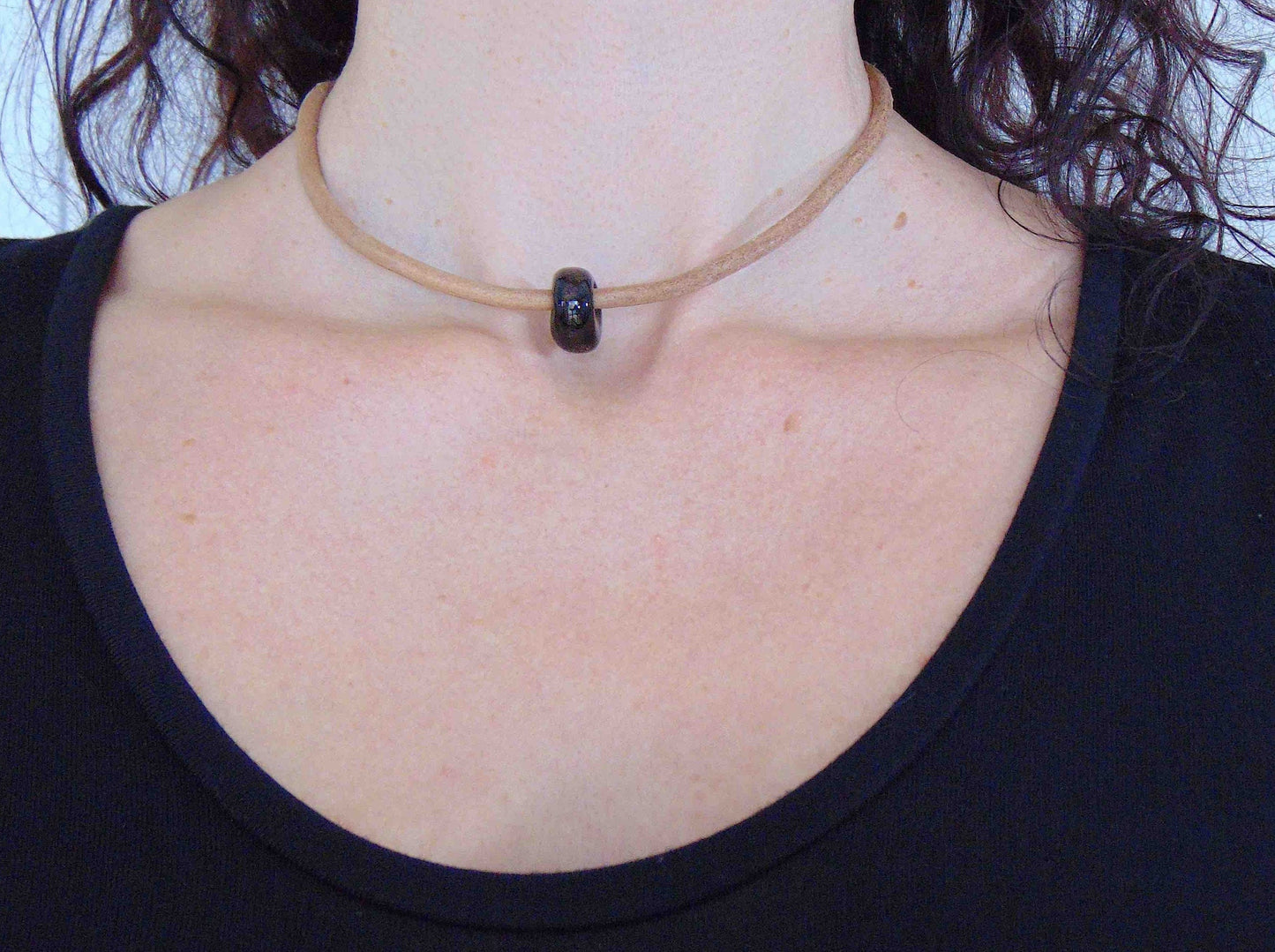 Choker necklace with black glass bead (Murano-style glass handmade in Montreal), bronze aventurine inclusions, rough natural leather cord, stainless steel clasp
