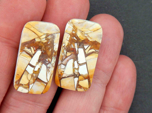 Stud earrings with large mookite jasper rounded rectangles, white-caramel-chocolate pattern, stainless steel posts