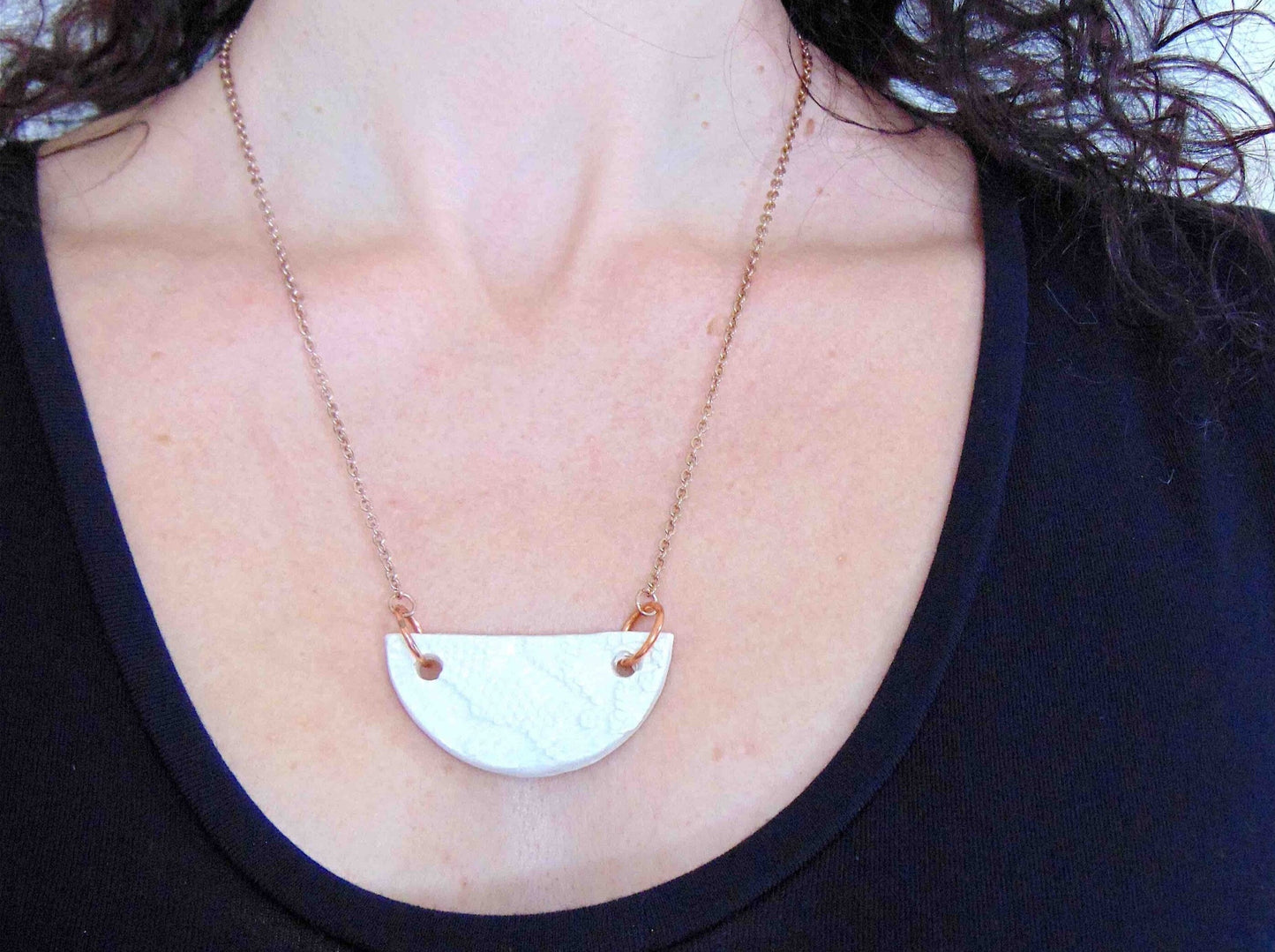 20-inch necklace with off-white half-circle ceramics pendant handmade in Montreal, rose gold-toned stainless steel chain