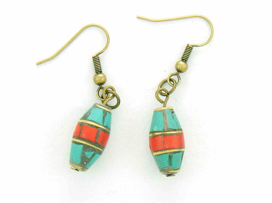 Short earrings with cylindrical Tibetan beads in turquoise and coral, brass hooks