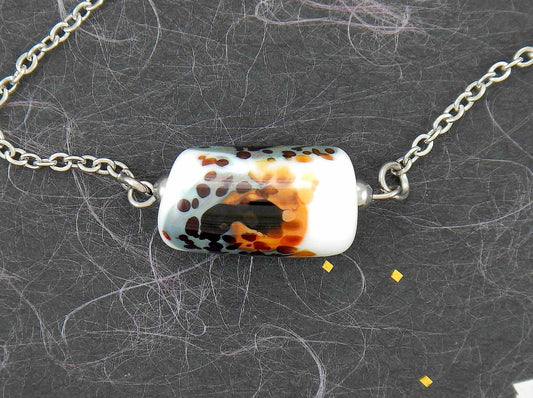 14-inch necklace with jungle-patterned funky glass cylinder in white-caramel-gray-black (Murano-style glass handmade in Montreal), stainless steel chain