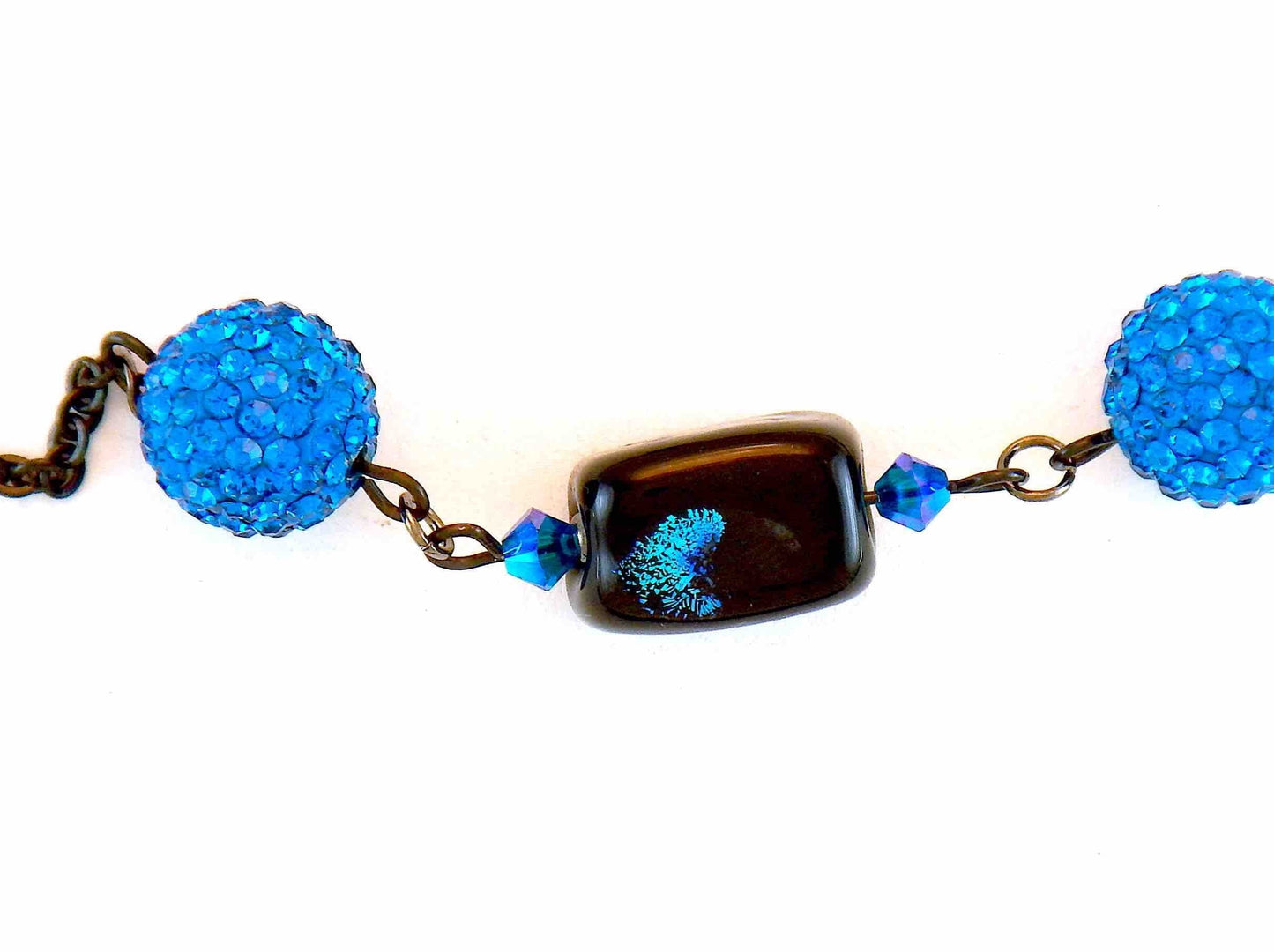 15-inch necklace with black and blue glass cube (Murano-style glass handmade in Montreal), bright blue Shambala beads, black stainless steel chain