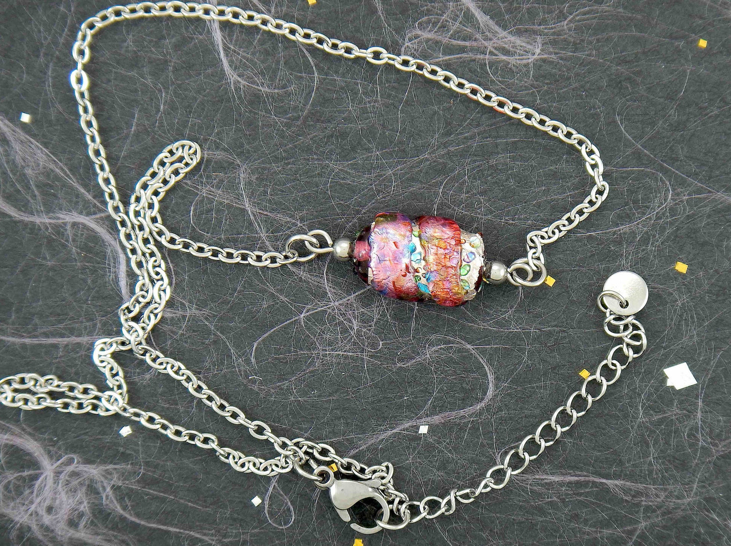 14-inch necklace with pink Japanese vintage glass rectangle marbled in many colours, stainless steel chain