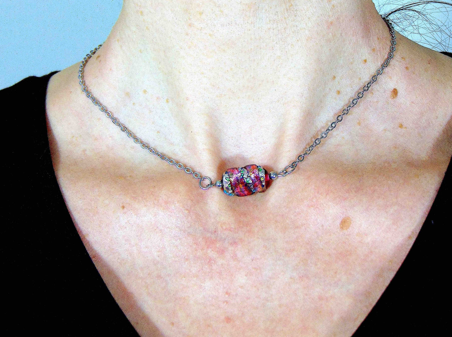 14-inch necklace with pink Japanese vintage glass rectangle marbled in many colours, stainless steel chain