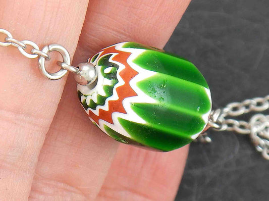 14-inch venetian chevron bead (Murano glass) necklace, candy cane effect in green-red-white, stainless steel chain