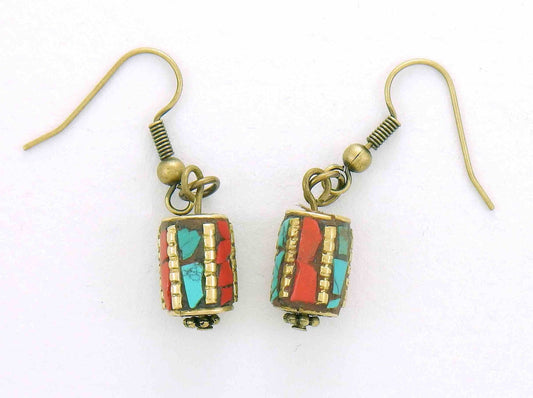 Short earrings with cylindrical brass Tibetan beads, turquoise and coral inserts, gold-toned stainless steel hooks