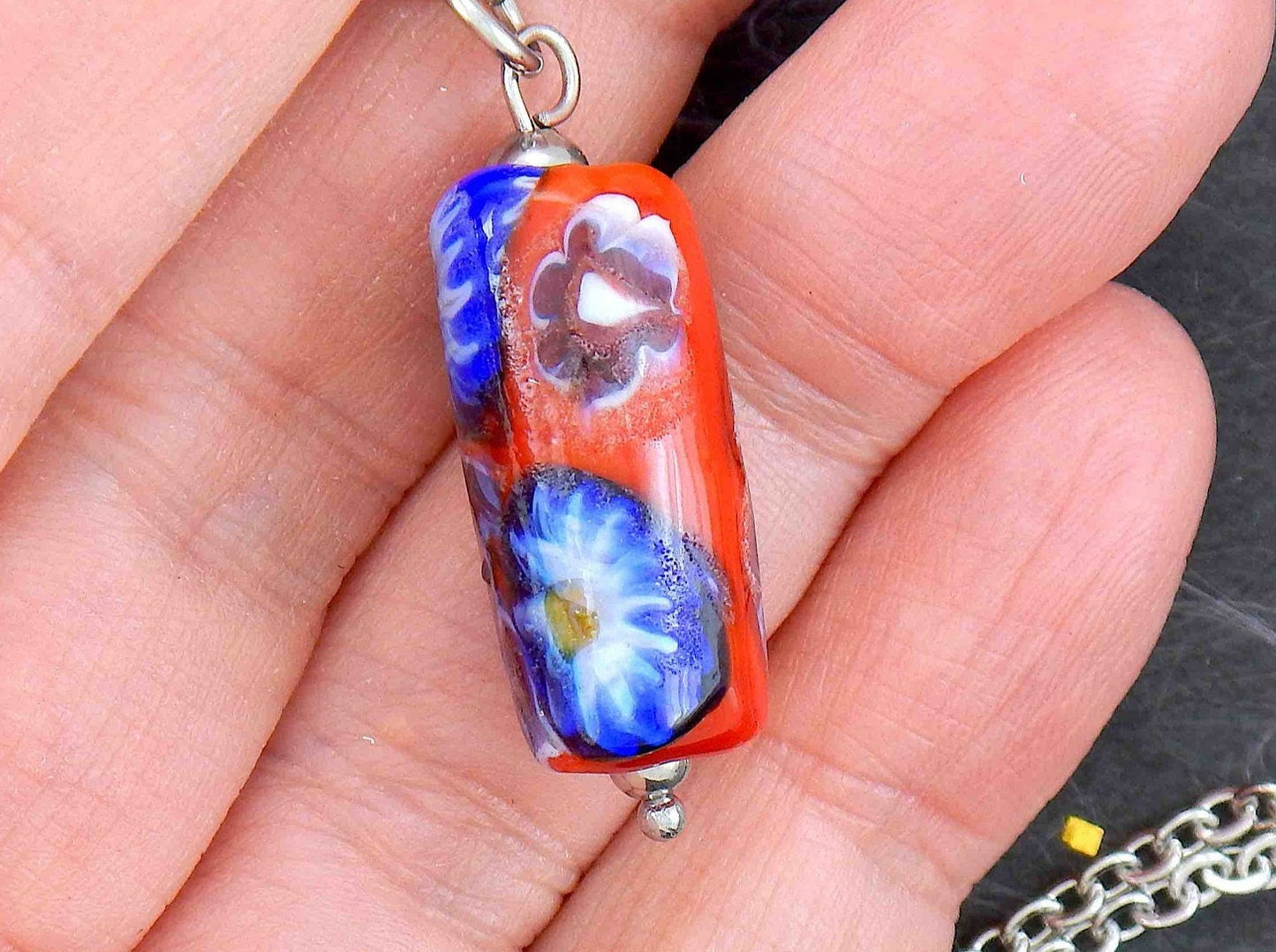 14-inch necklace with red glass cylinder and blue flower murines (Murano-style glass handmade in Montreal), stainless steel chain