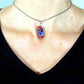14-inch necklace with red glass cylinder and blue flower murines (Murano-style glass handmade in Montreal), stainless steel chain