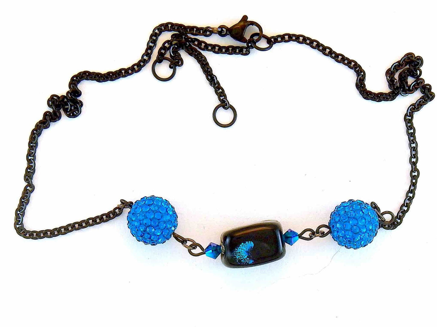 15-inch necklace with black and blue glass cube (Murano-style glass handmade in Montreal), bright blue Shambala beads, black stainless steel chain