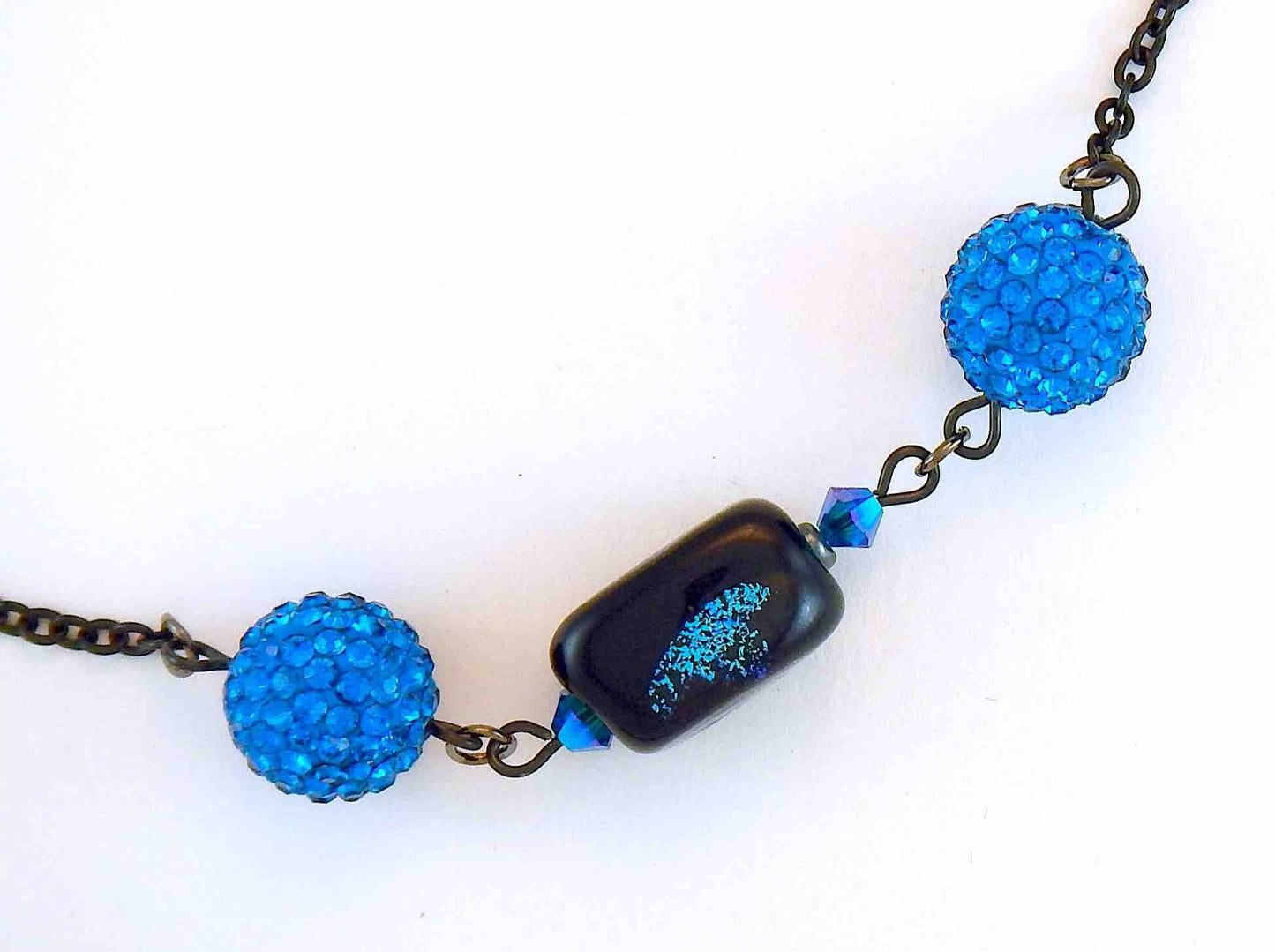 15-inch necklace with black and blue glass cube (Murano-style glass handmade in Montreal), bright blue Shambala beads, black stainless steel chain