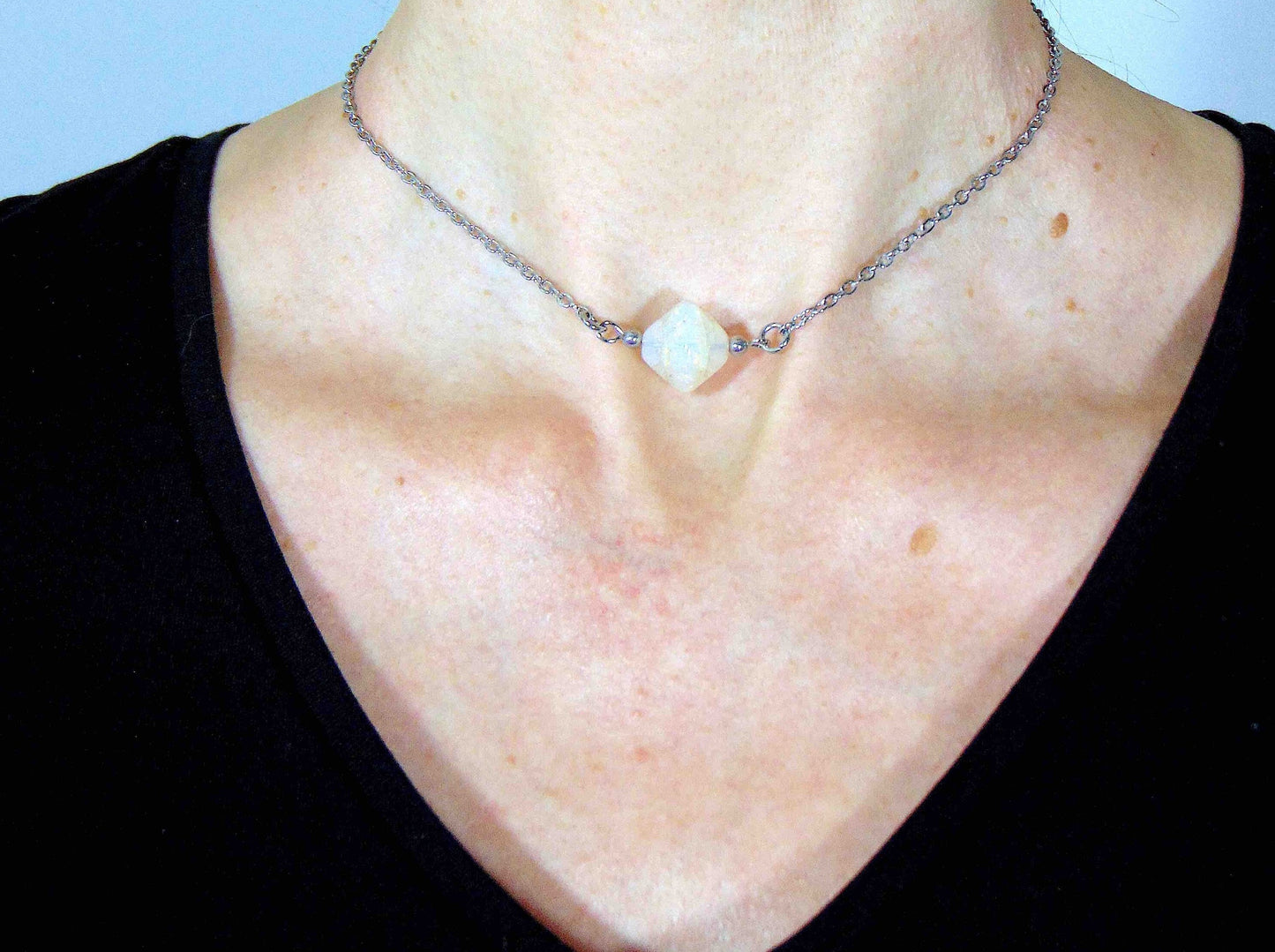 14-inch necklace with opalescent white vintage glass bicone, stainless steel chain