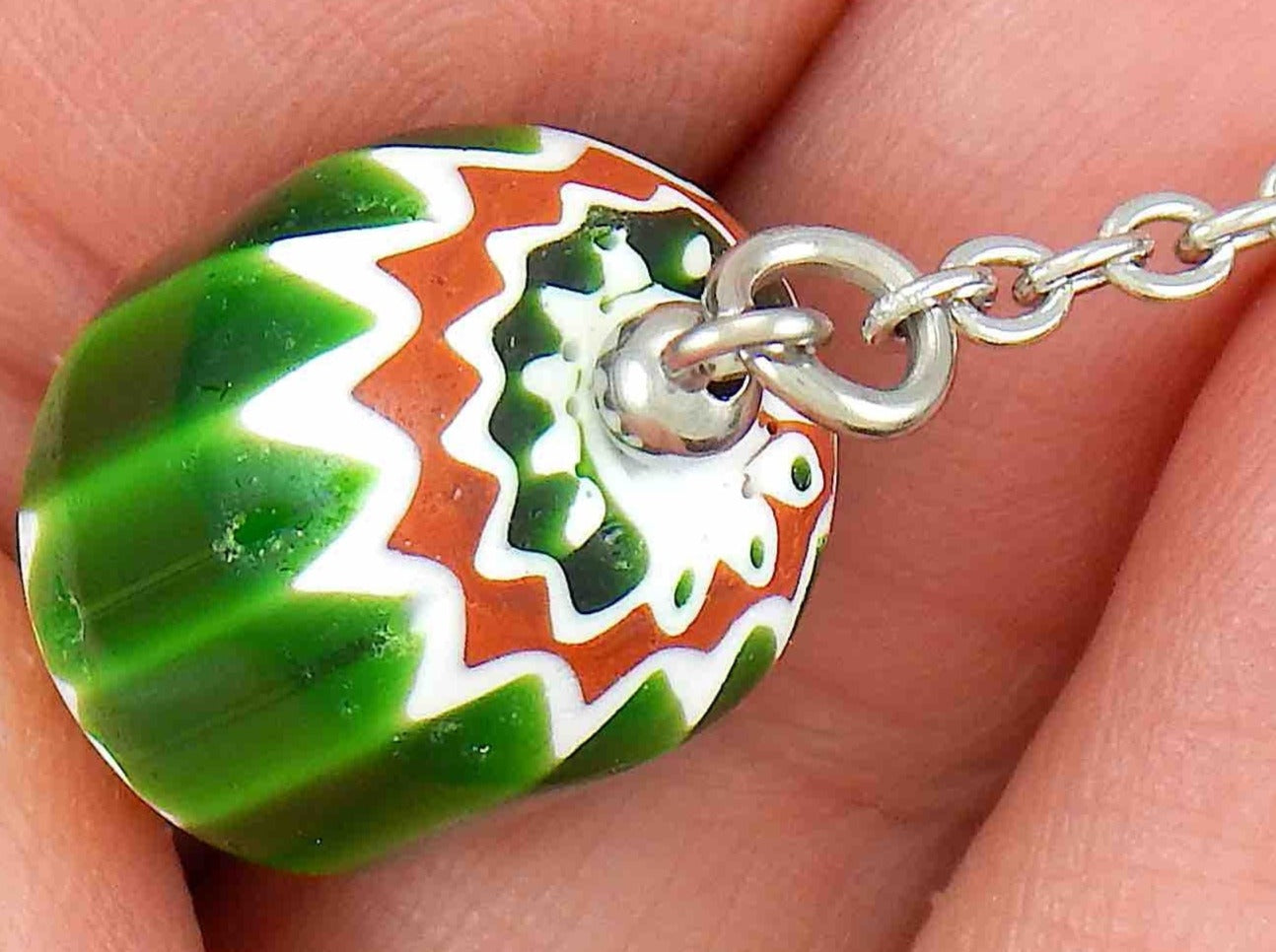 14-inch venetian chevron bead (Murano glass) necklace, candy cane effect in green-red-white, stainless steel chain