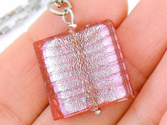 16-inch necklace with striped candy pink Murano glass on silver foil square, rectangle-link stainless steel chain