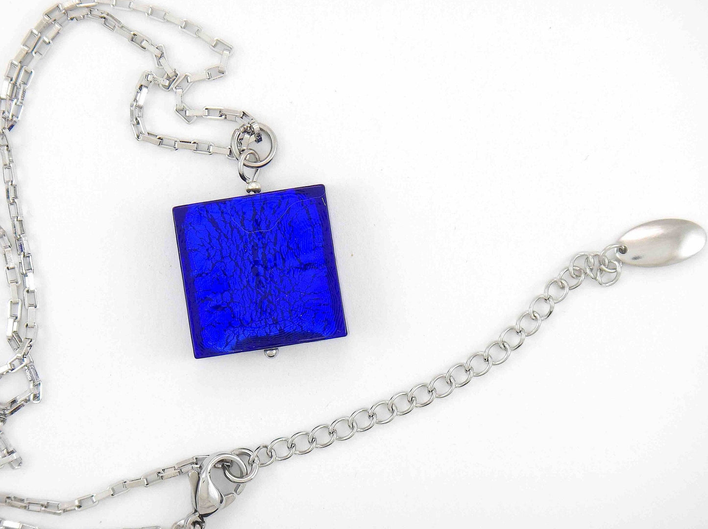 16-inch necklace with deep blue Murano glass on silver foil square, rectangle-link stainless steel chain