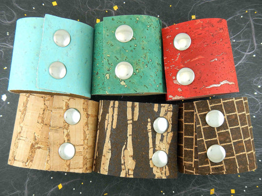 50mm flat cork cuff bracelet in 6 colours (brown tiling, brown zebra, natural, sky blue, emerald green, red and gold speckles), stainless steel snap buttons