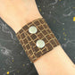 50mm flat cork cuff bracelet in 6 colours (brown tiling, brown zebra, natural, sky blue, emerald green, red and gold speckles), stainless steel snap buttons