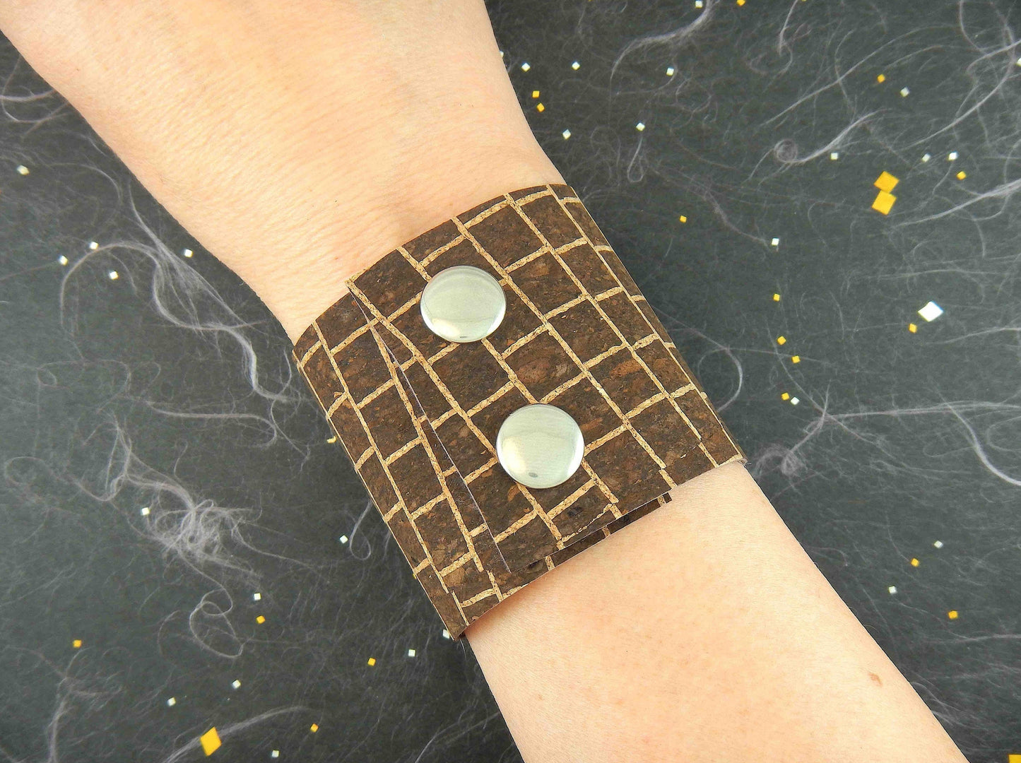 50mm flat cork cuff bracelet in 6 colours (brown tiling, brown zebra, natural, sky blue, emerald green, red and gold speckles), stainless steel snap buttons