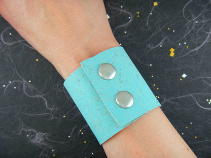 50mm flat cork cuff bracelet in 6 colours (brown tiling, brown zebra, natural, sky blue, emerald green, red and gold speckles), stainless steel snap buttons