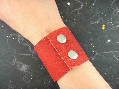 50mm flat cork cuff bracelet in 6 colours (brown tiling, brown zebra, natural, sky blue, emerald green, red and gold speckles), stainless steel snap buttons