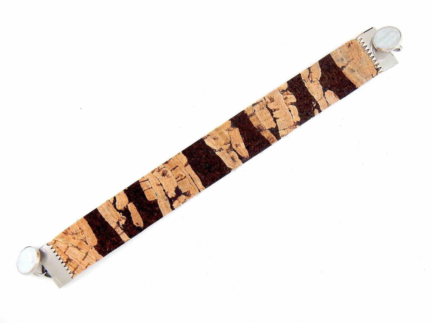 Simple 15mm flat cork bracelet with magnetic stainless steel clasp in 6 colours (brown tiling, brown zebra, natural, sky blue, emerald green, red and gold speckles)