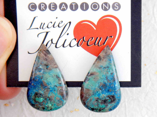 Stud earrings with large chrysocolla stone drops marbled in green-blue-black-grey, stainless steel posts