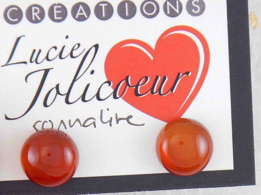 Ear studs with 10mm round carnelian stone cabochons, stainless steel posts