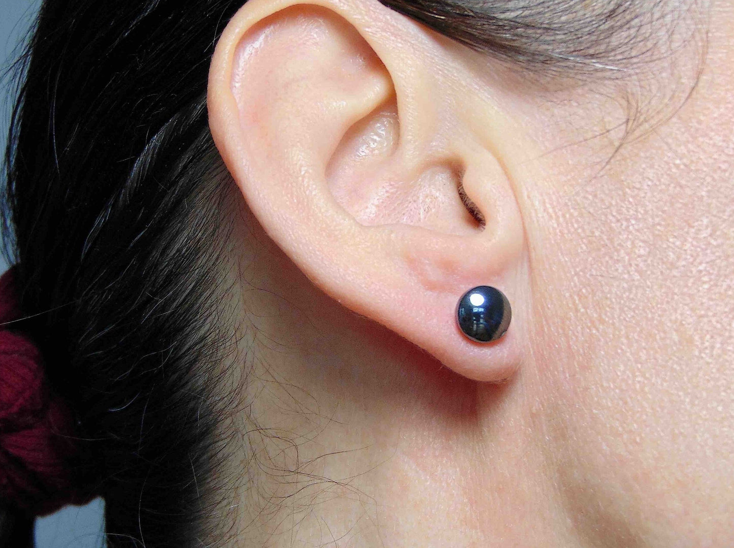 Ear studs with 9mm round hematite stone cabochons, stainless steel posts