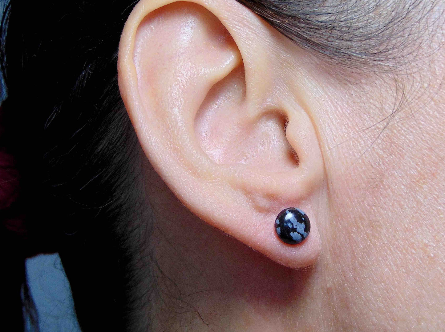Ear studs with 8mm round snowflake obsidian stone cabochons, stainless steel posts