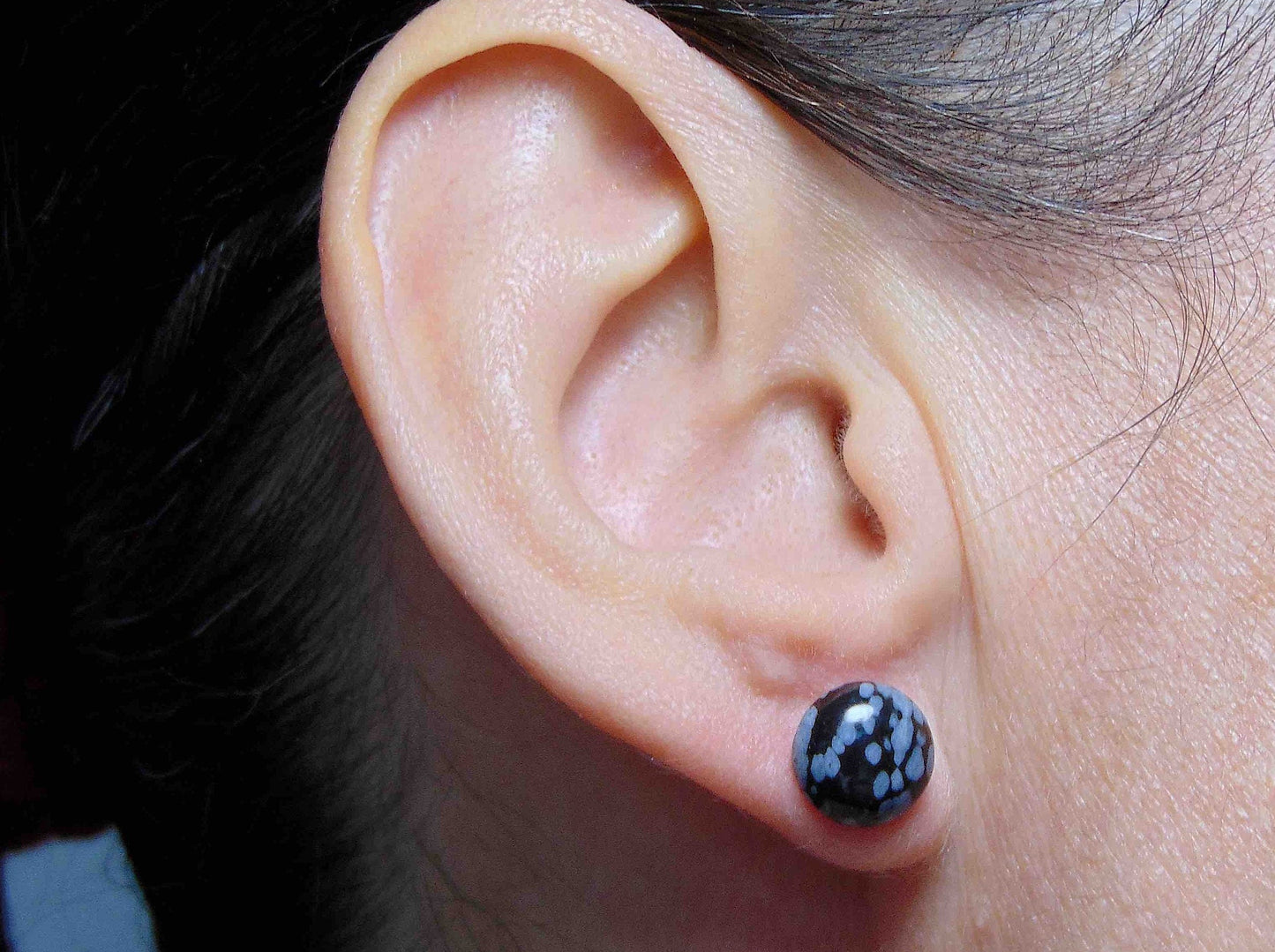 Ear studs with 10mm round snowflake obsidian stone cabochons, stainless steel posts
