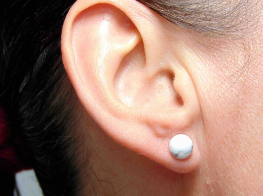 Ear studs with 8mm round white howlite stone cabochons, stainless steel posts